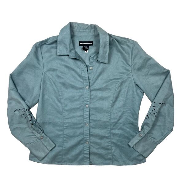Norton Mcnaughton Light Blue Faux Suede Button Up Eyelet Detail Button Up Shirt - Picture 2 of 9